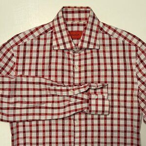 Isaia Size 15 Dress Sport Shirt White and Red Linen